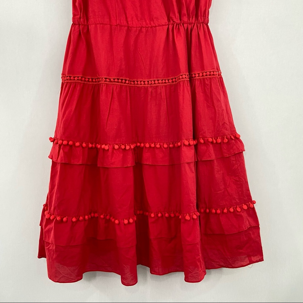 Boutique Large Red Tiered Pom Pom Ruffle Midi Dress - Picture 9 of 12